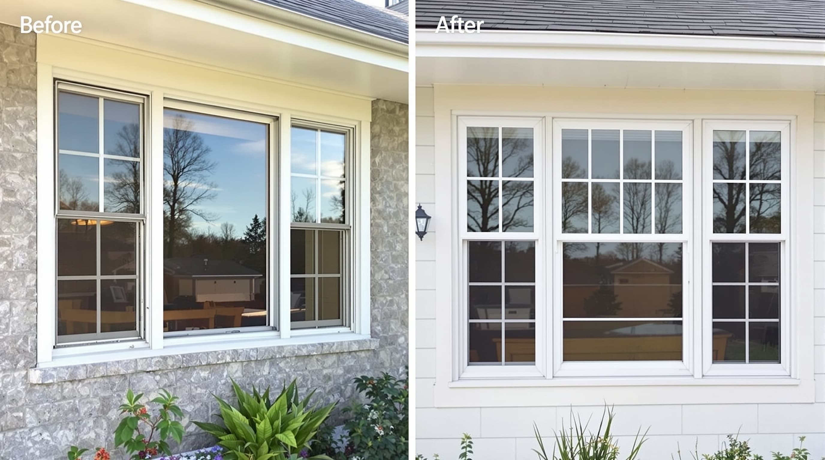 Before and after ranch home window replacement