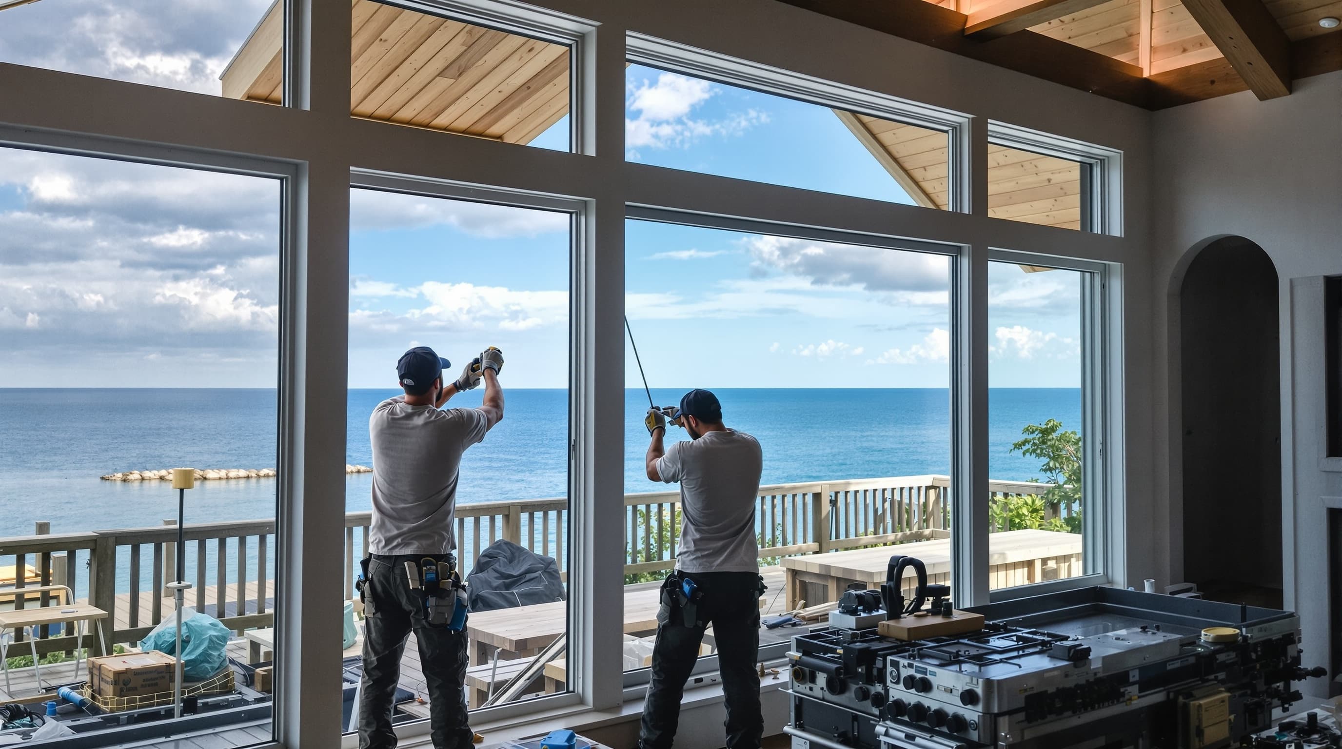 Picture window installation on waterfront home